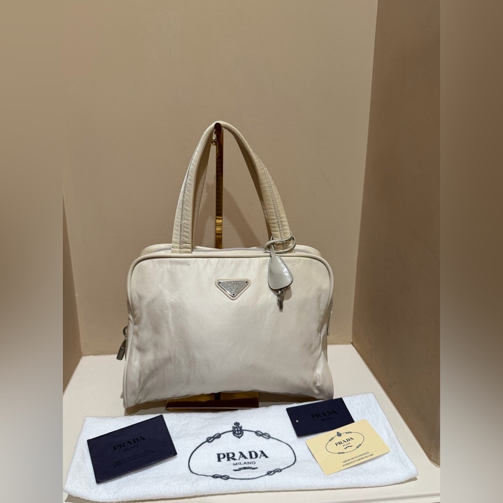Prada Cream Tessuto Nylon Hand Bag w/Lock & Key